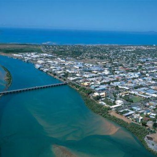 Aerial photo of river and Mackay, QLD
